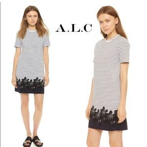 A.L.C Women's Striped Short Sleeve Round Neck Shift Dress Black White Size Small